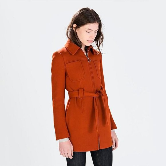 Zara Jackets & Blazers - ZARA Burnt Orange Retro Long Sleeve‎ Coat With Tie Sz L